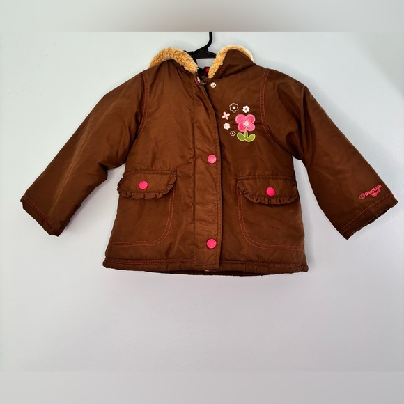 Girls Oshkosh B’Gosh Kid Toddler 4T Jacket Coat Double Zip Fur Hood Floral Pink - Picture 1 of 7